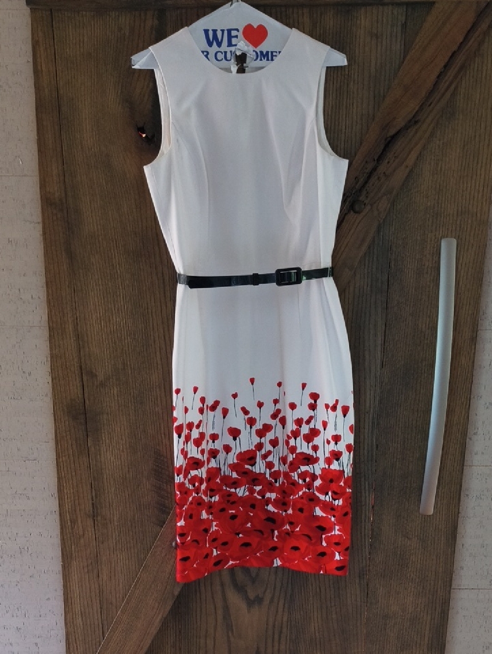 Brooks Brothers White Midi Dress with Red Poppy Border and Black Belt